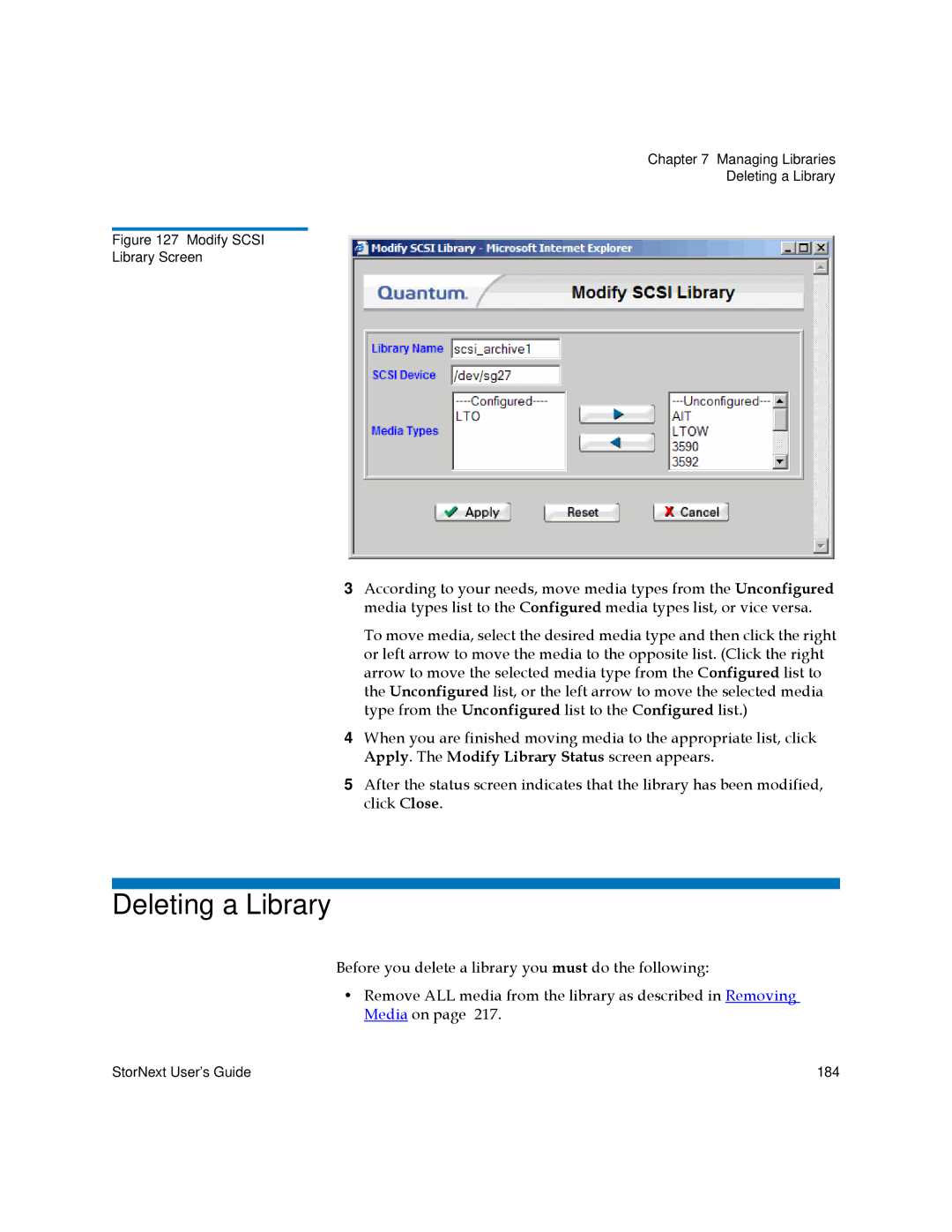 Quantum 3.5.2 manual Deleting a Library, Modify Scsi Library Screen 