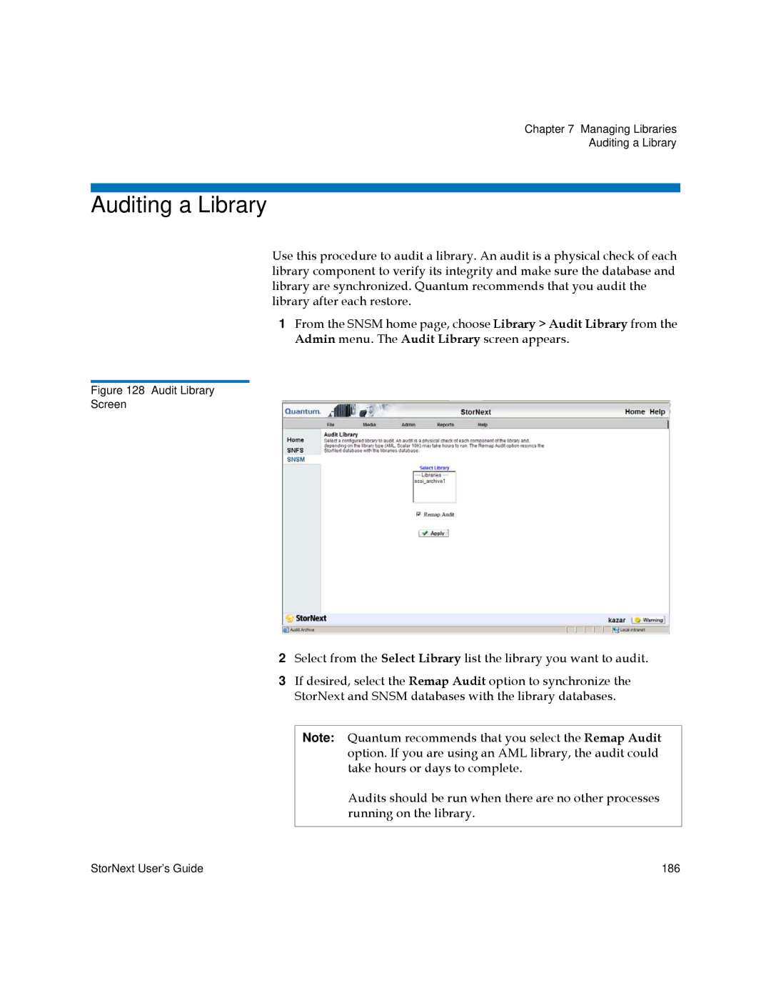 Quantum 3.5.2 manual Auditing a Library, Audit Library Screen 