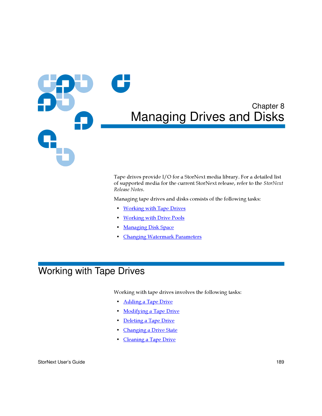 Quantum 3.5.2 manual 8Managing Drives and Disks, Working with Tape Drives 