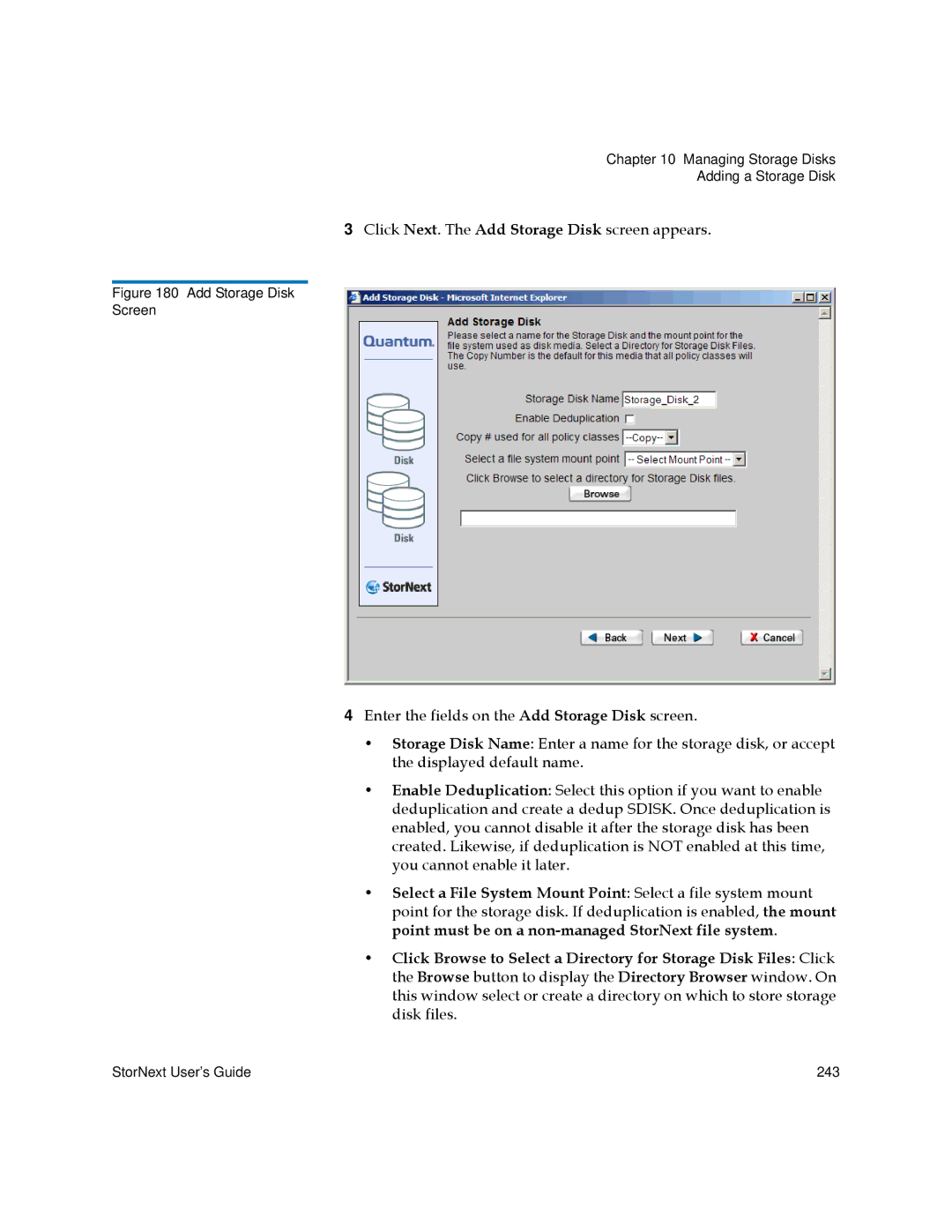 Quantum 3.5.2 manual Click Next. The Add Storage Disk screen appears 