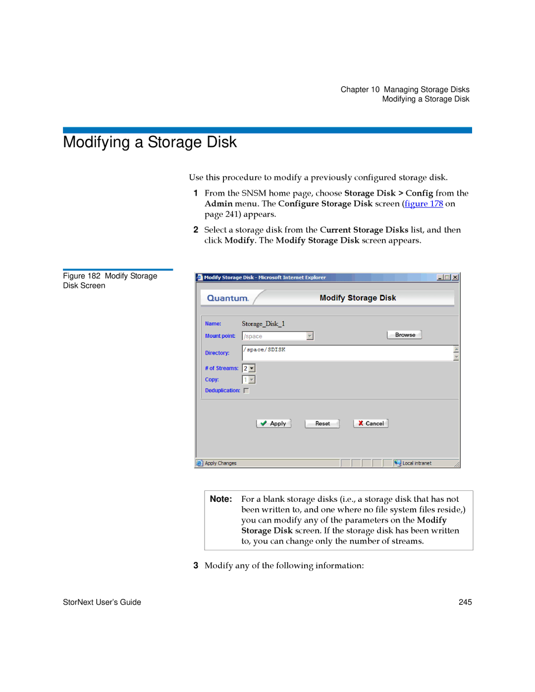 Quantum 3.5.2 manual Modifying a Storage Disk, Modify Storage Disk Screen 