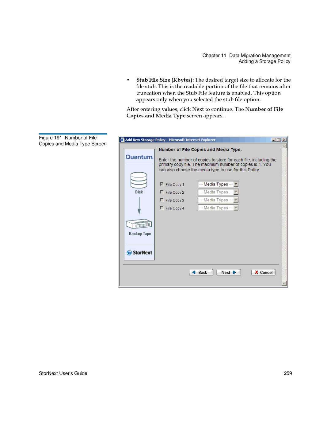 Quantum 3.5.2 manual Copies and Media Type screen appears 