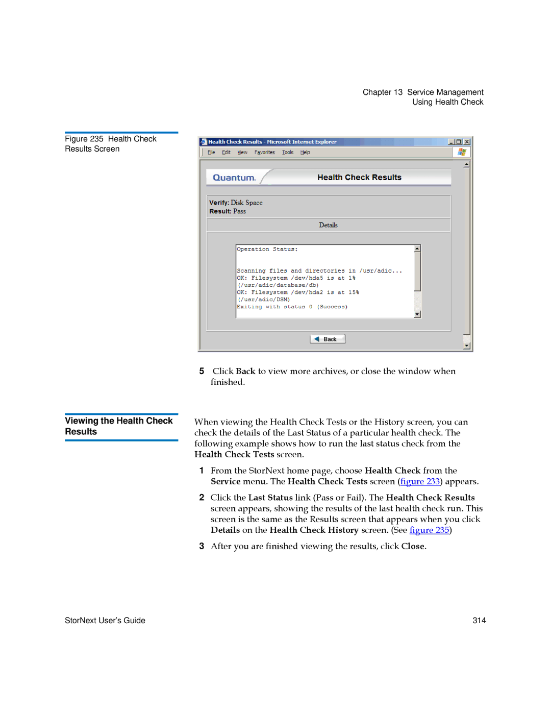 Quantum 3.5.2 manual Viewing the Health Check Results, Health Check Results Screen 