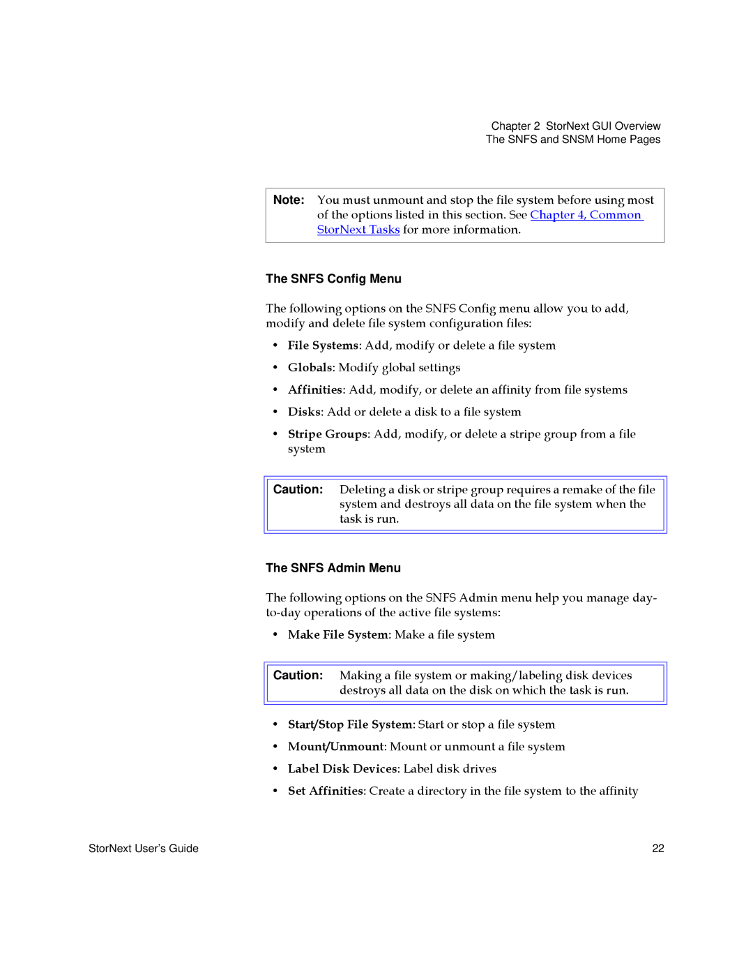 Quantum 3.5.2 manual Snfs Config Menu, Snfs Admin Menu 