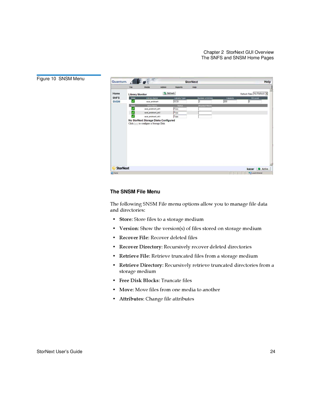 Quantum 3.5.2 manual Snsm File Menu, Free Disk Blocks Truncate files 