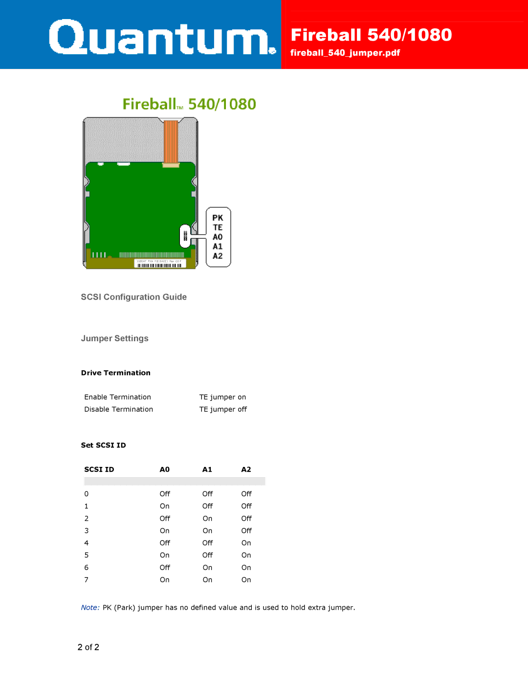 Quantum 540, 1080 manual Scsi Configuration Guide Jumper Settings, Drive Termination, Set Scsi ID 