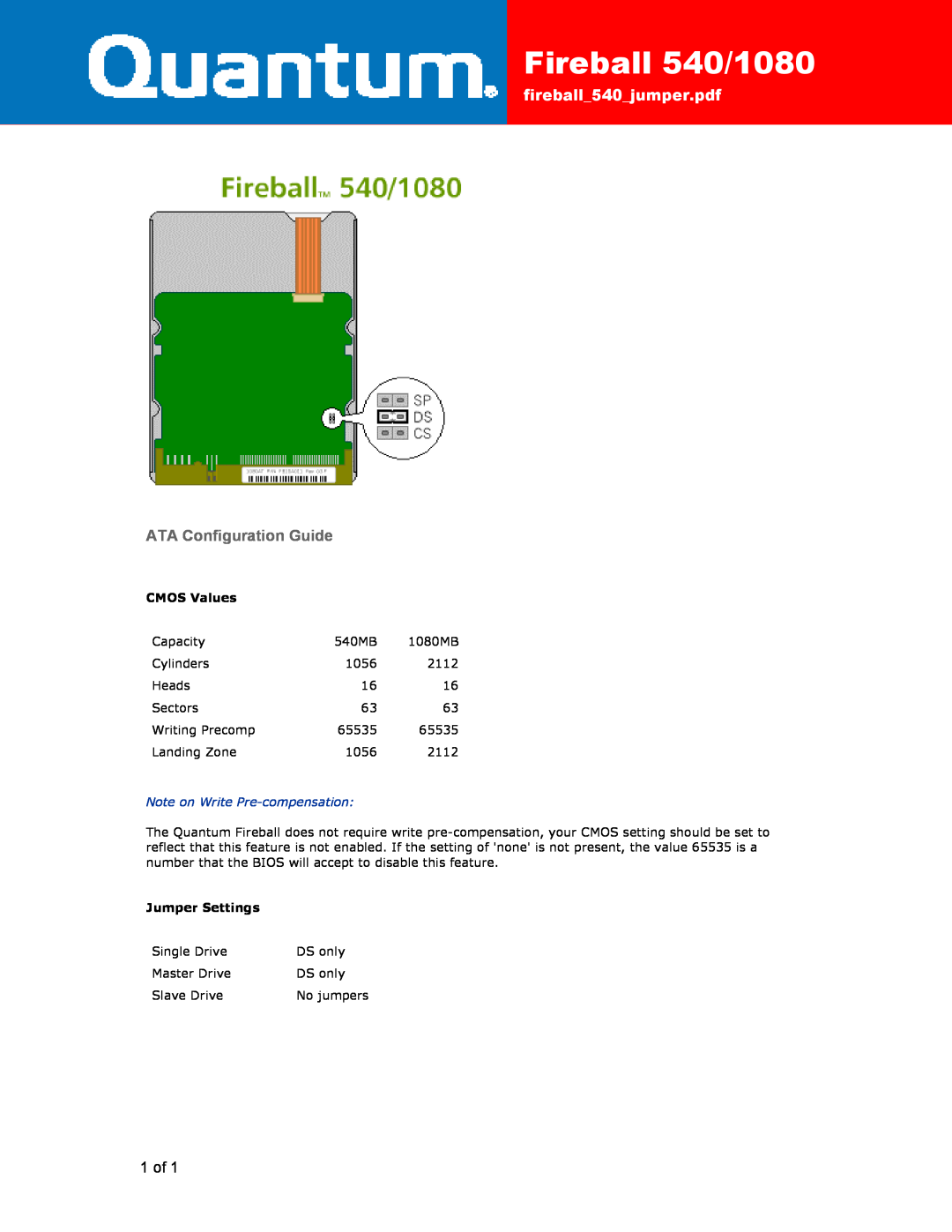 Quantum manual Fireball 540/1080, fireball540jumper.pdf, ATA Configuration Guide, 1 of, CMOS Values, Jumper Settings 