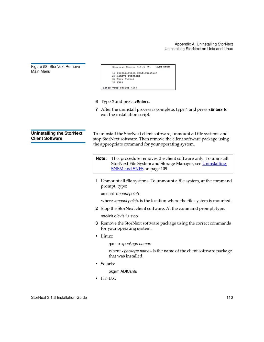 Quantum 6-00360-15 manual Uninstalling the StorNext Client Software, Hp-Ux 