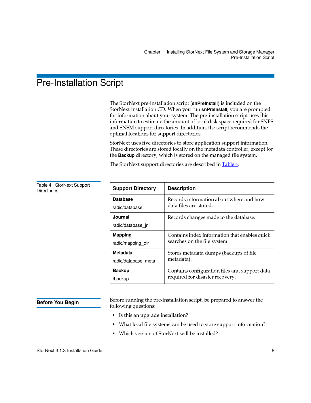 Quantum 6-00360-15 manual Pre-Installation Script, Before You Begin, Support Directory Description 