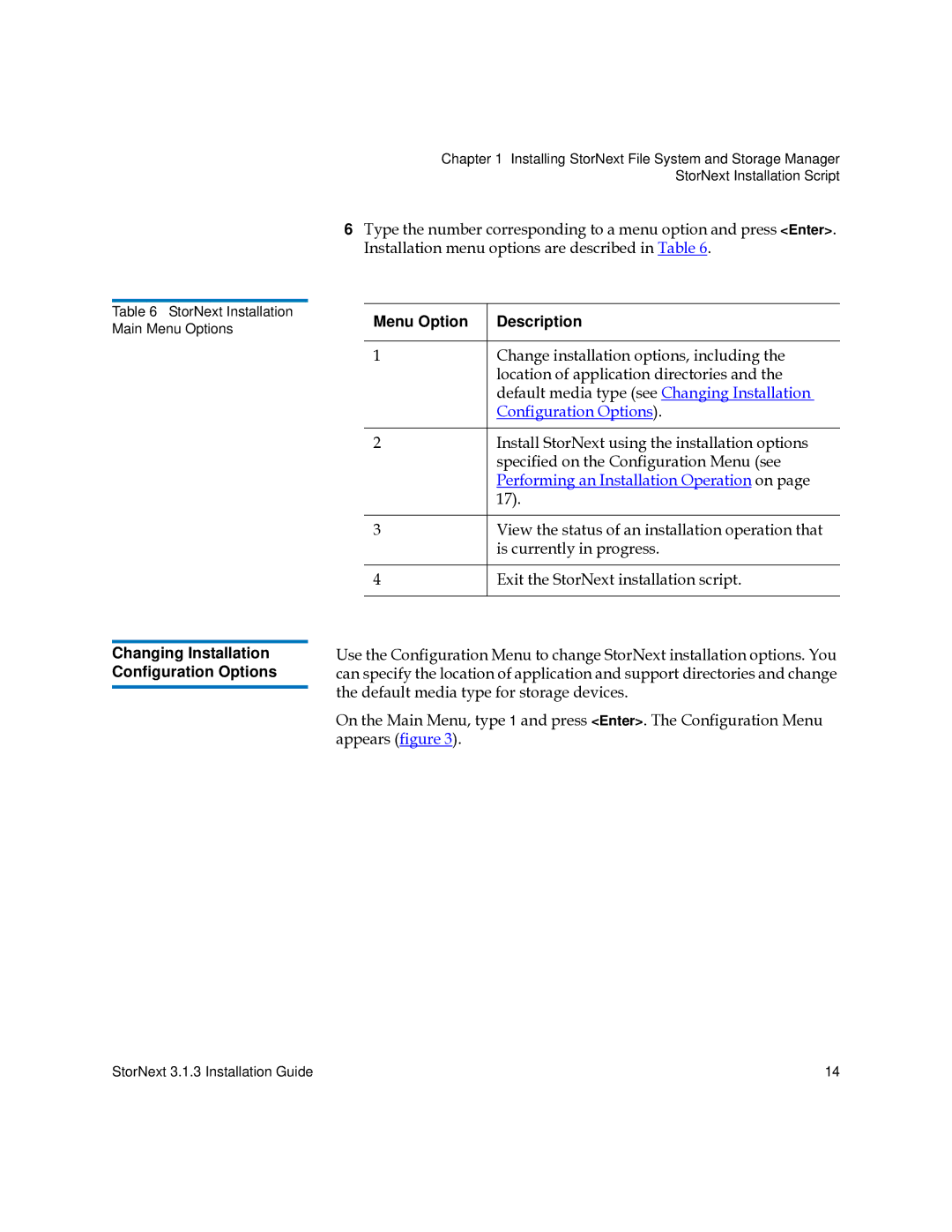 Quantum 6-00360-15 manual Menu Option Description, Changing Installation Configuration Options 