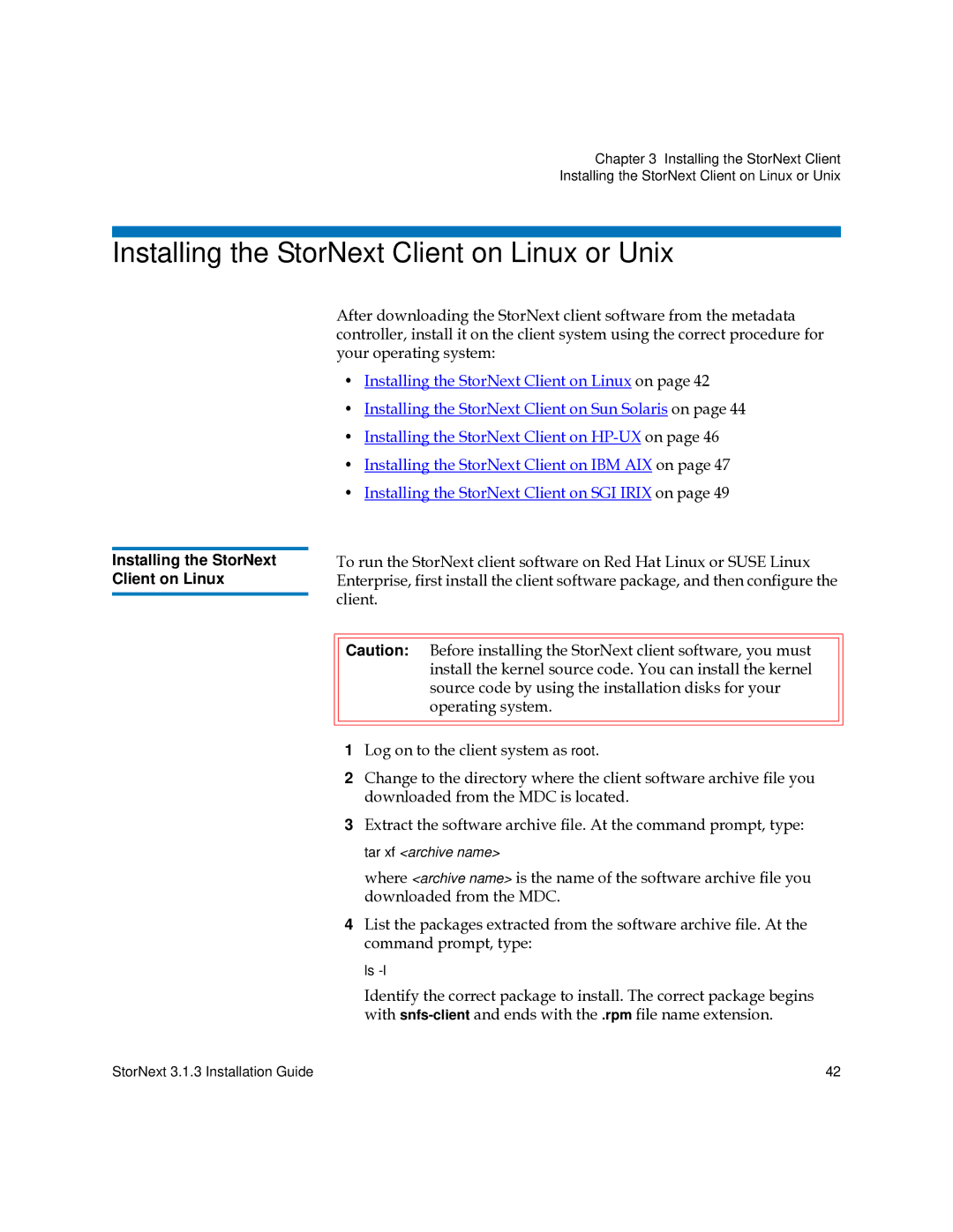 Quantum 6-00360-15 manual Installing the StorNext Client on Linux or Unix 