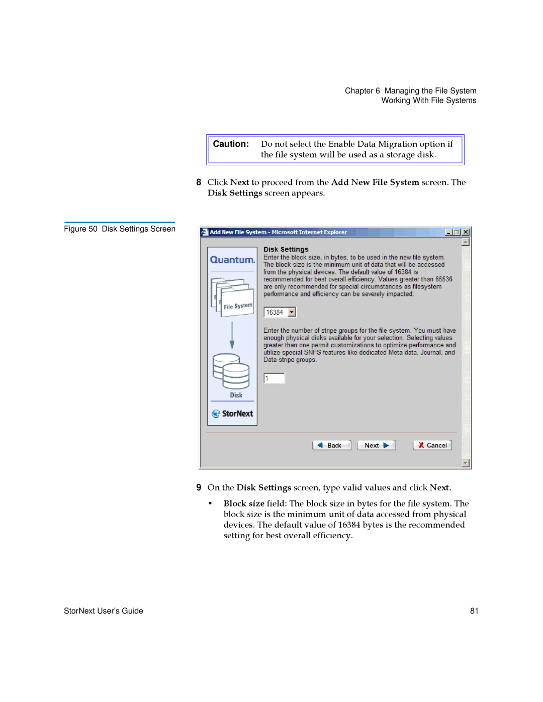 Quantum 6-01658-01 manual Disk Settings Screen 