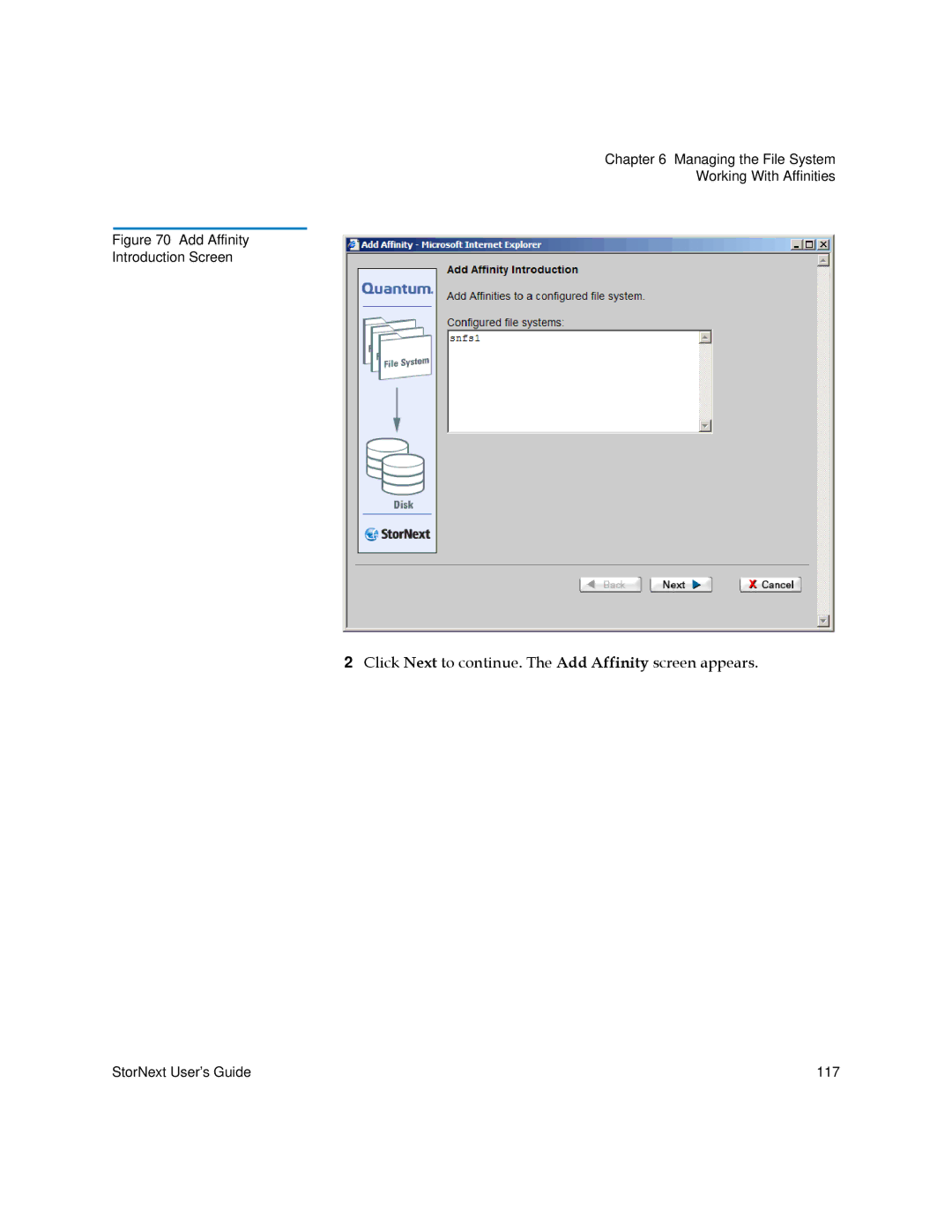 Quantum 6-01658-01 manual Click Next to continue. The Add Affinity screen appears 