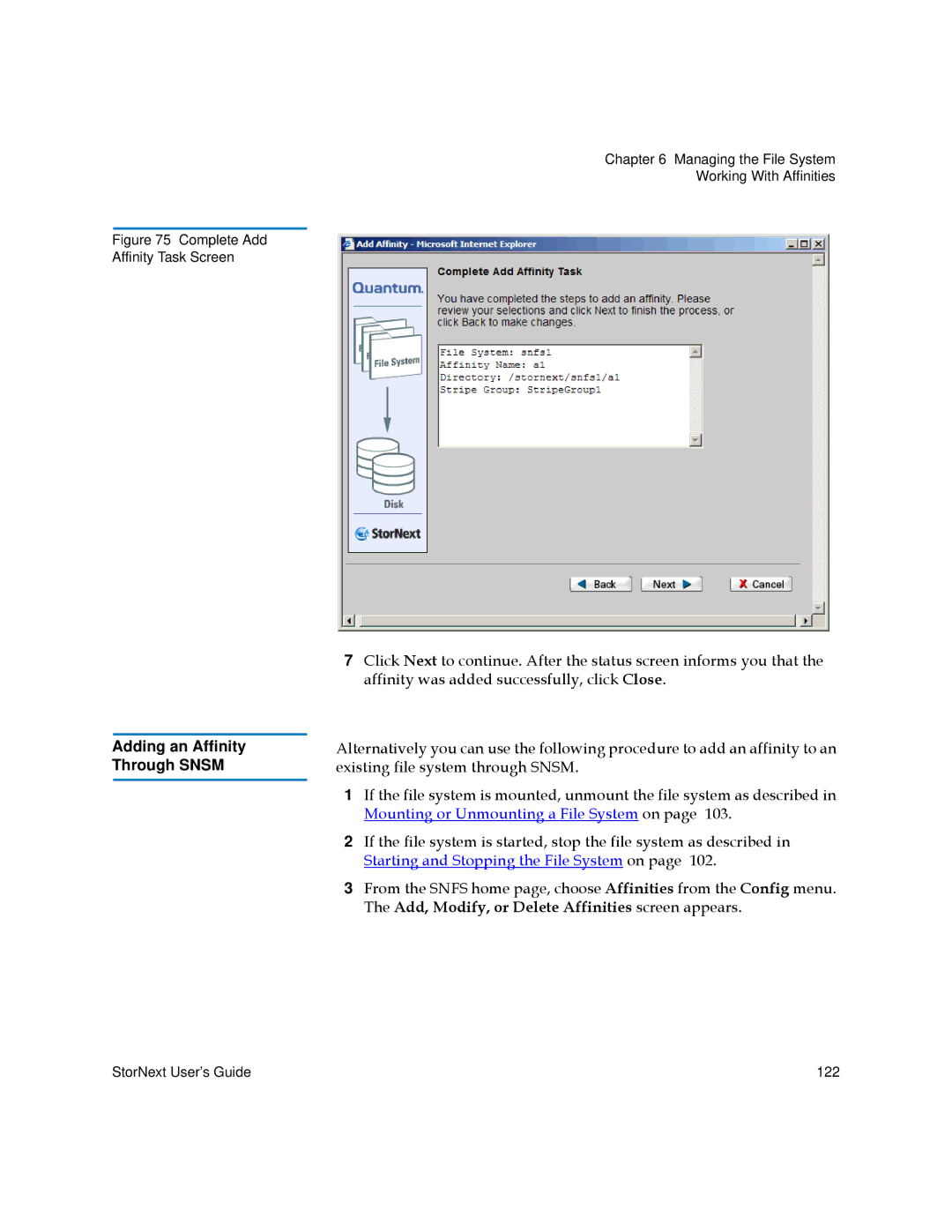 Quantum 6-01658-01 manual Adding an Affinity Through Snsm, Complete Add Affinity Task Screen 