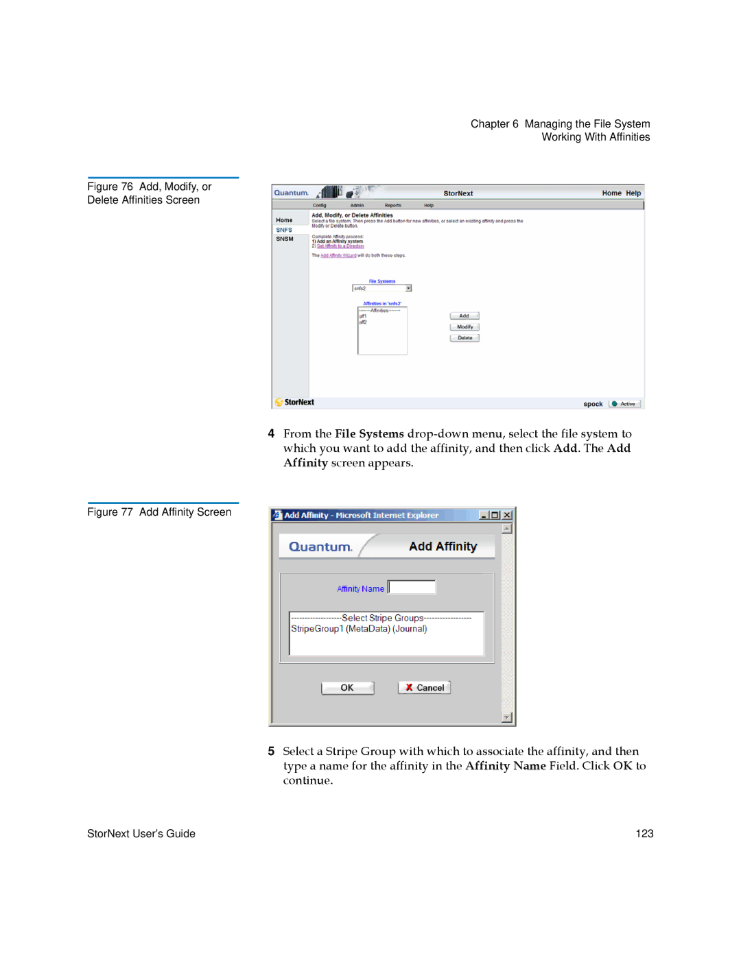 Quantum 6-01658-01 manual Add, Modify, or Delete Affinities Screen 