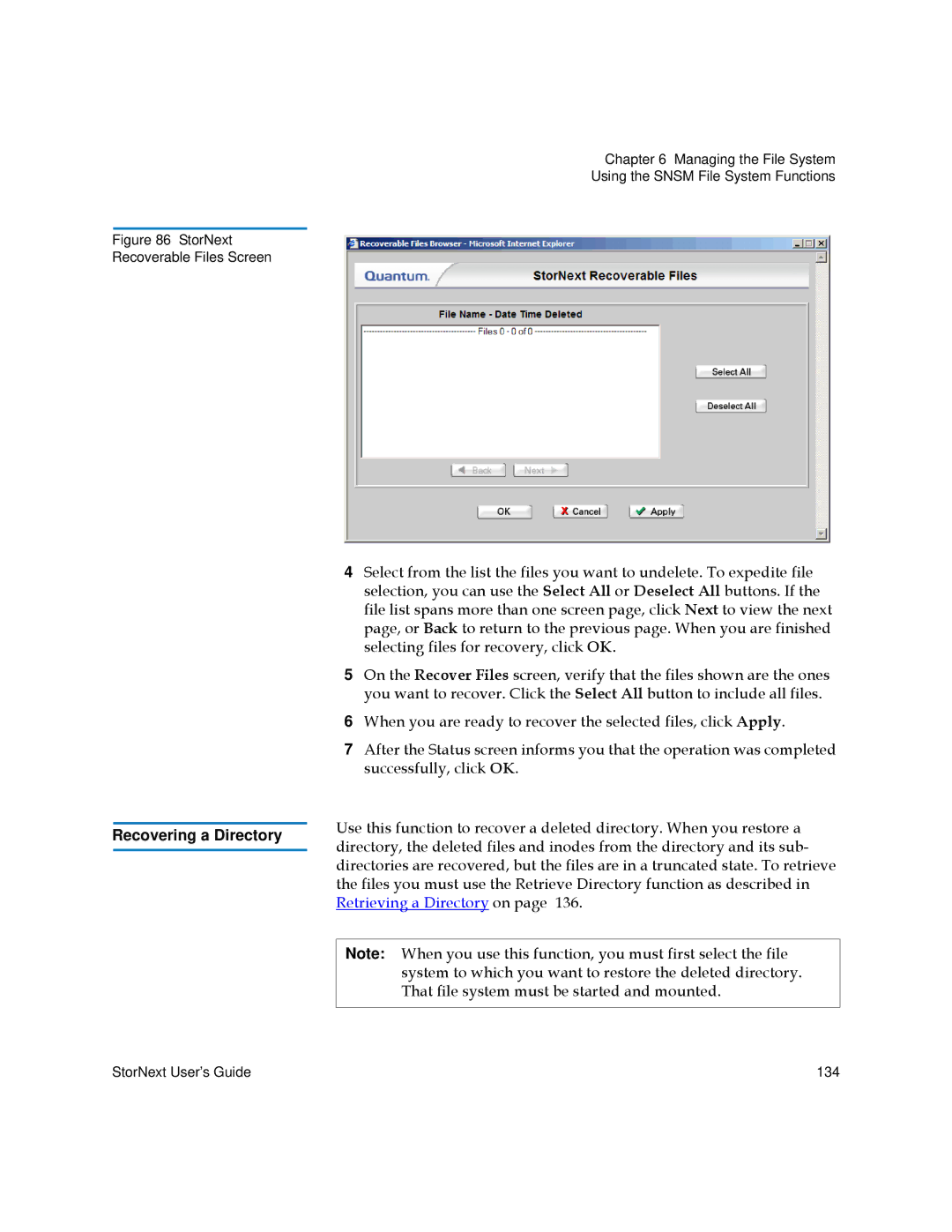 Quantum 6-01658-01 manual Recovering a Directory, Retrieving a Directory on 