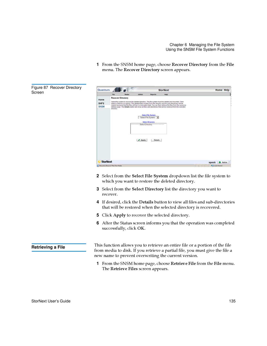 Quantum 6-01658-01 manual Retrieving a File, Recover Directory Screen 