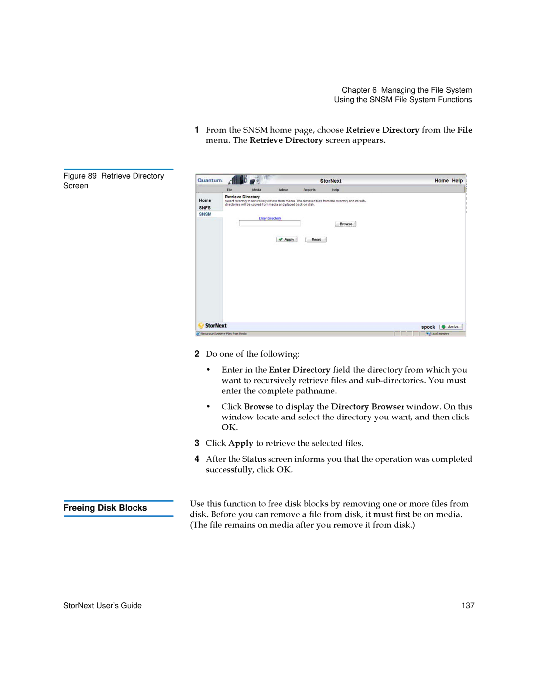 Quantum 6-01658-01 manual Freeing Disk Blocks, Retrieve Directory Screen 