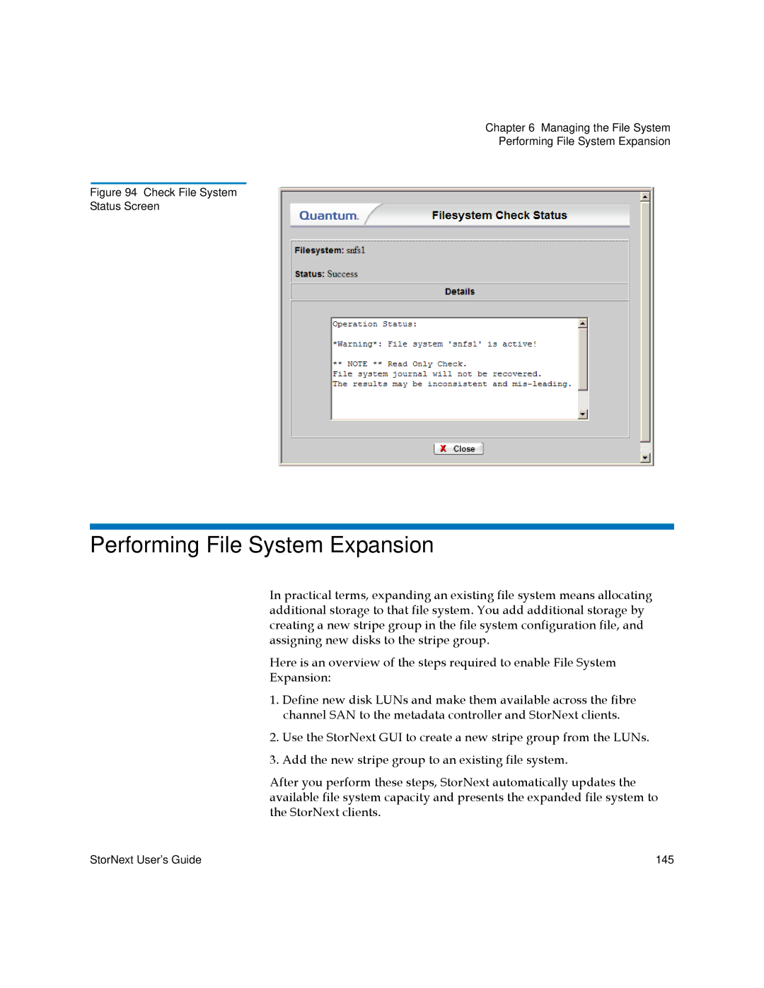 Quantum 6-01658-01 manual Performing File System Expansion, Check File System Status Screen 