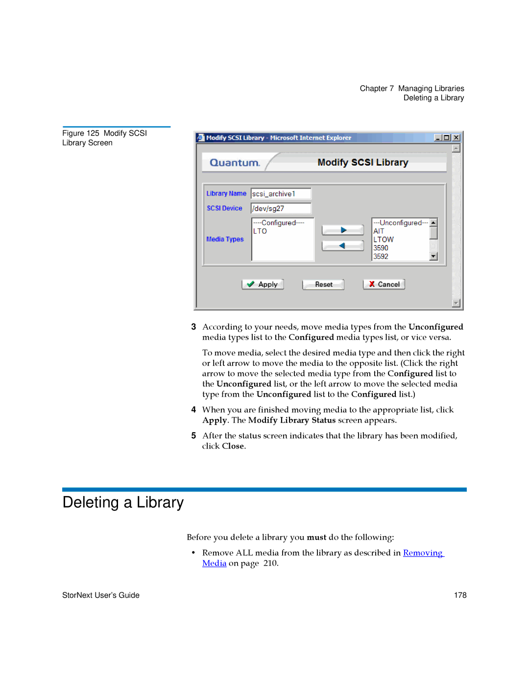 Quantum 6-01658-01 manual Deleting a Library, Modify Scsi Library Screen 