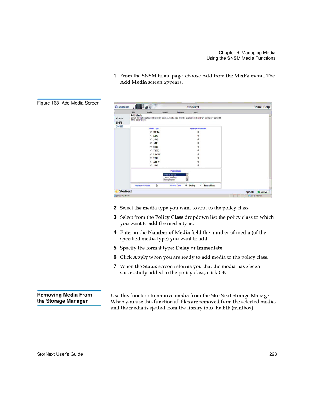 Quantum 6-01658-01 manual Removing Media From the Storage Manager, Add Media Screen 