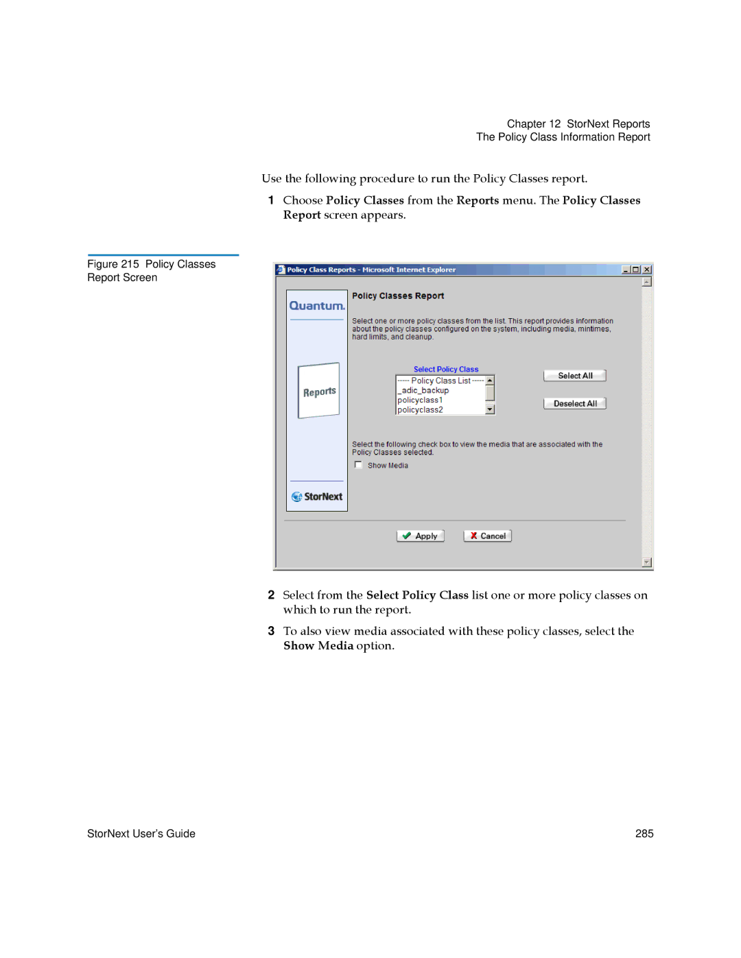 Quantum 6-01658-01 manual Policy Classes Report Screen 