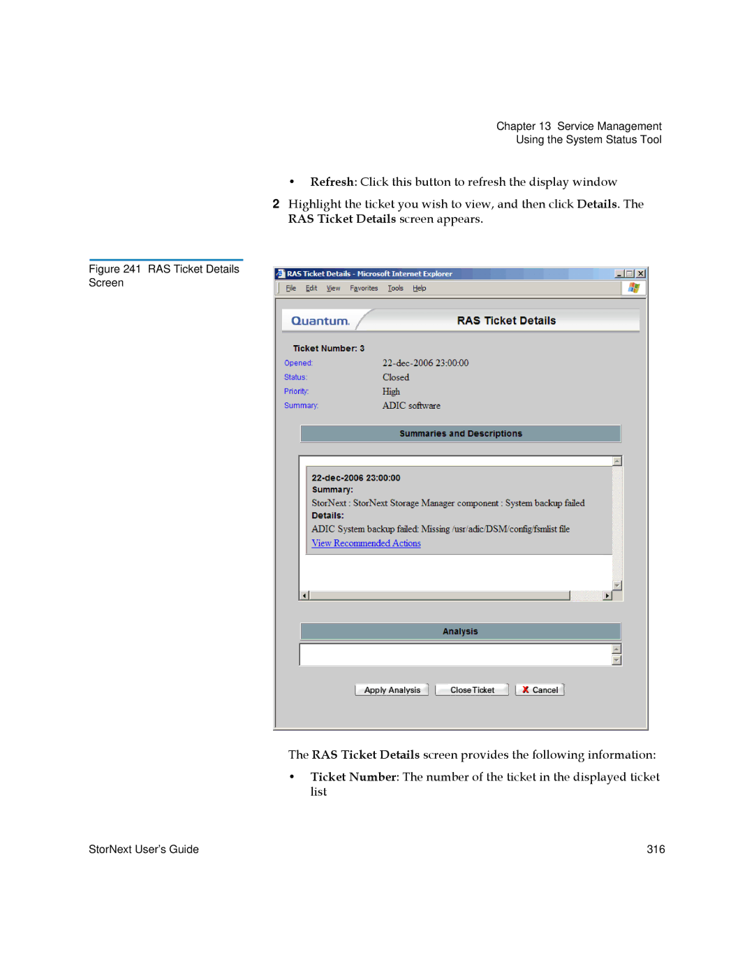 Quantum 6-01658-01 manual RAS Ticket Details Screen 