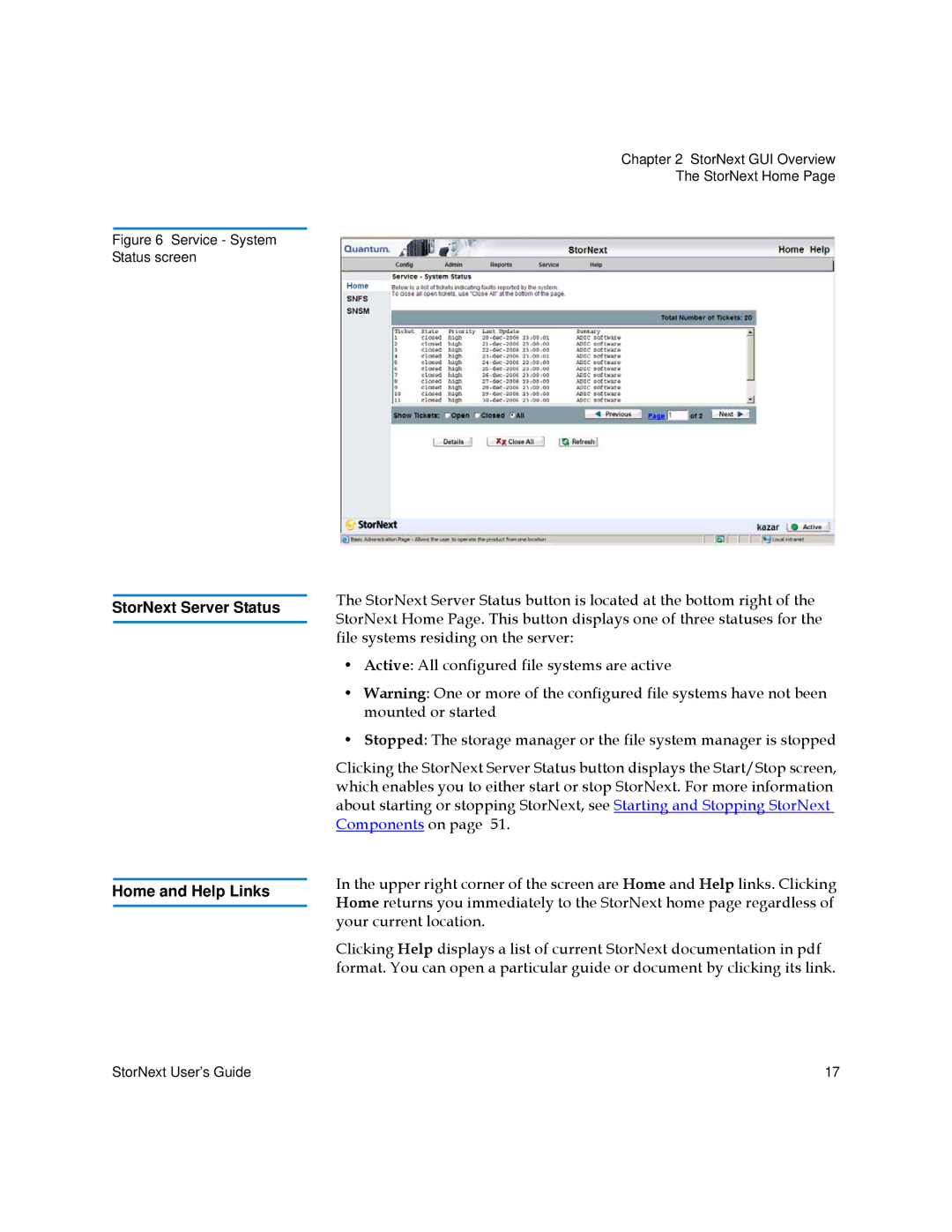 Quantum 6-01658-01 manual StorNext Server Status Home and Help Links, Service System Status screen 