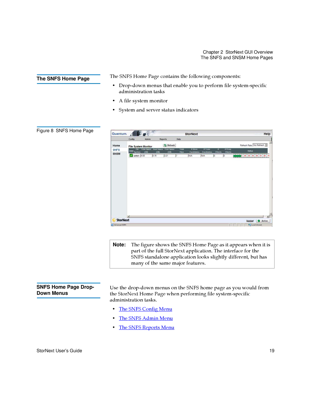 Quantum 6-01658-01 manual Snfs Home Page Drop- Down Menus 