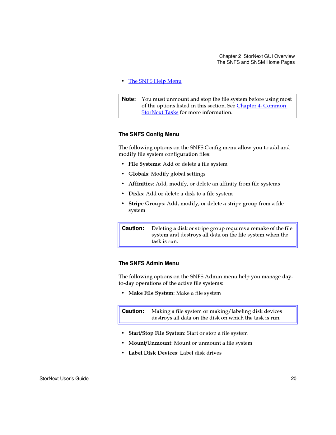 Quantum 6-01658-01 manual Snfs Config Menu, Snfs Admin Menu 