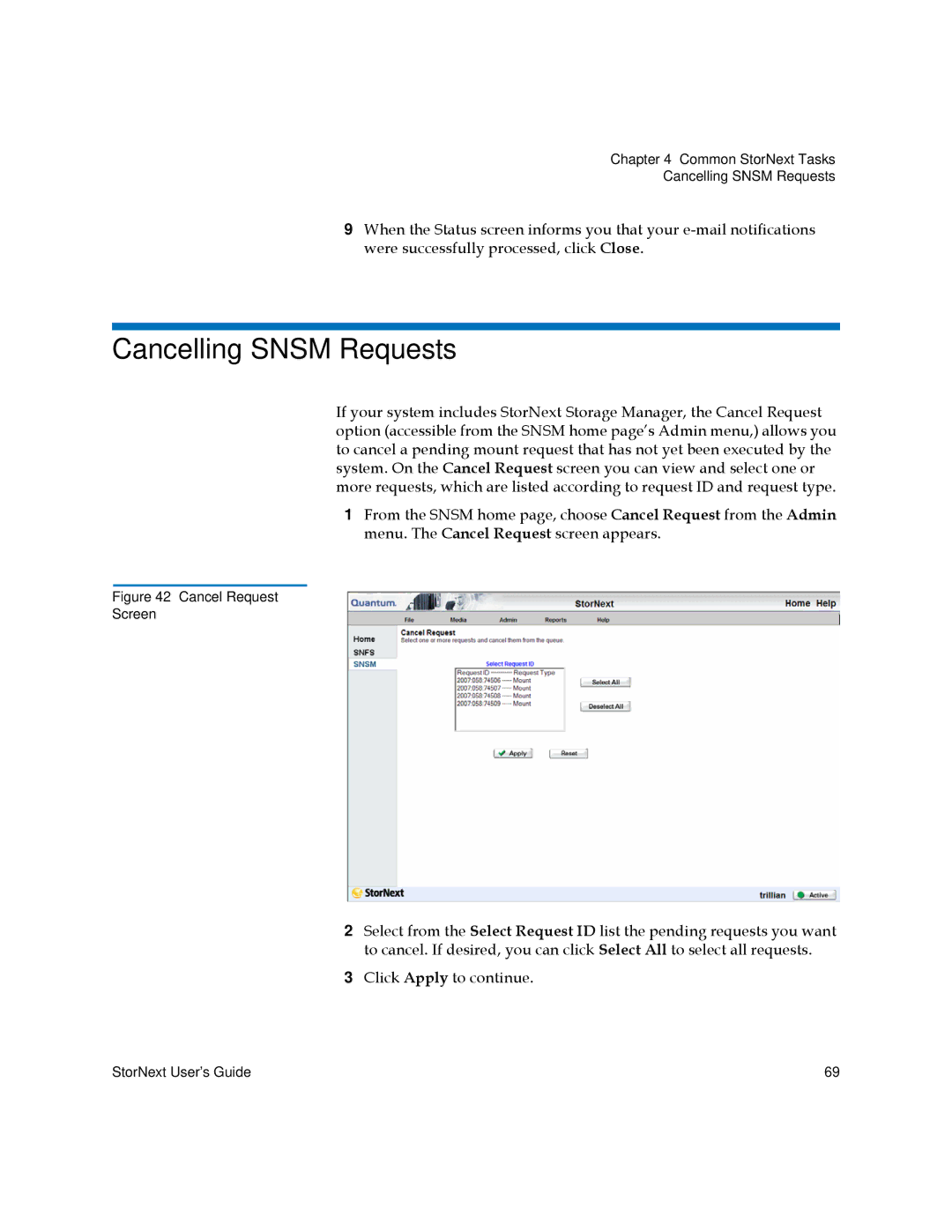 Quantum 6-01658-01 manual Cancelling Snsm Requests, Cancel Request Screen 