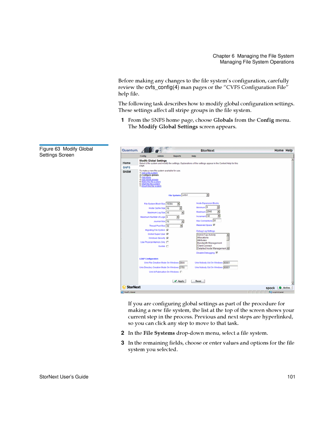 Quantum 6-01658-05 manual Modify Global Settings Screen 