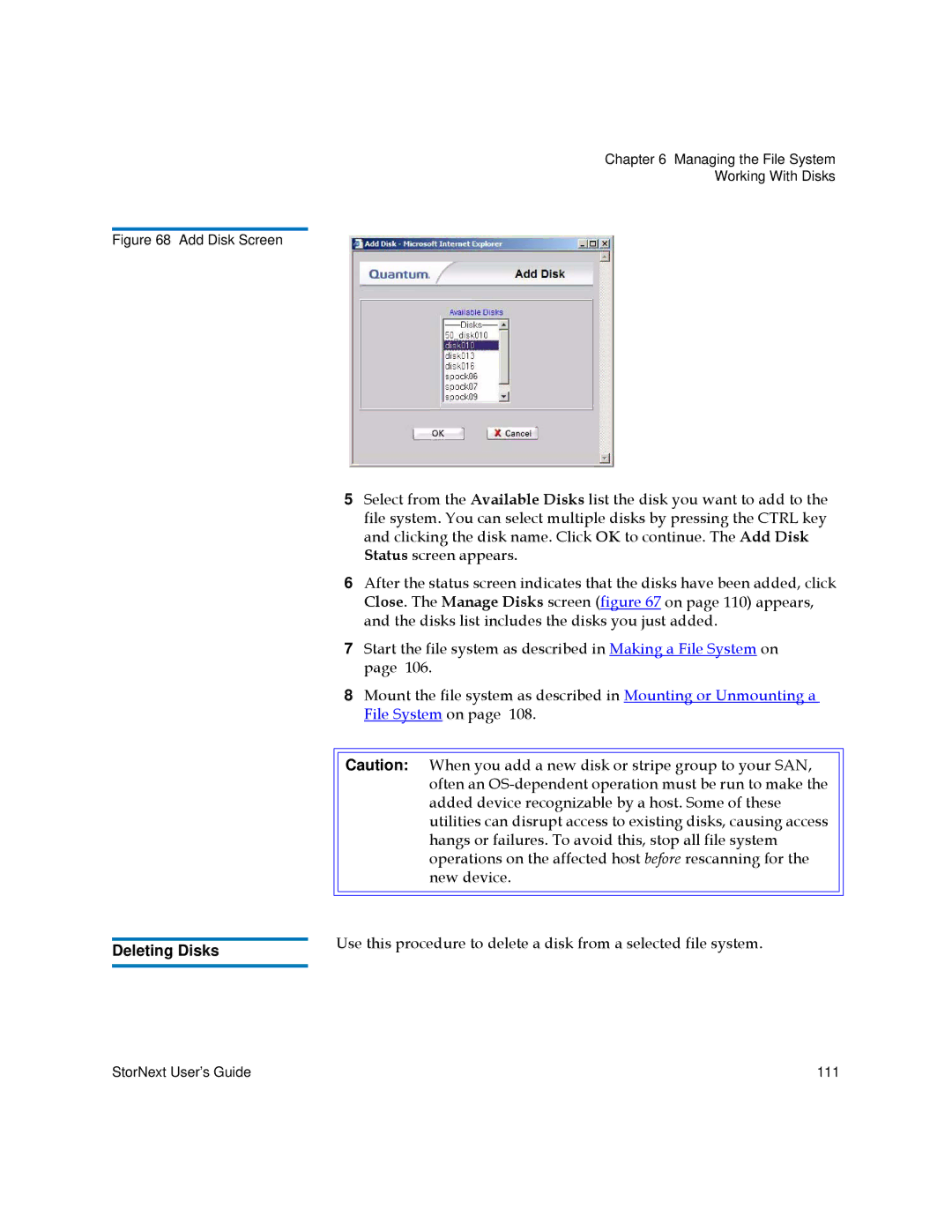 Quantum 6-01658-05 manual Deleting Disks, Add Disk Screen 