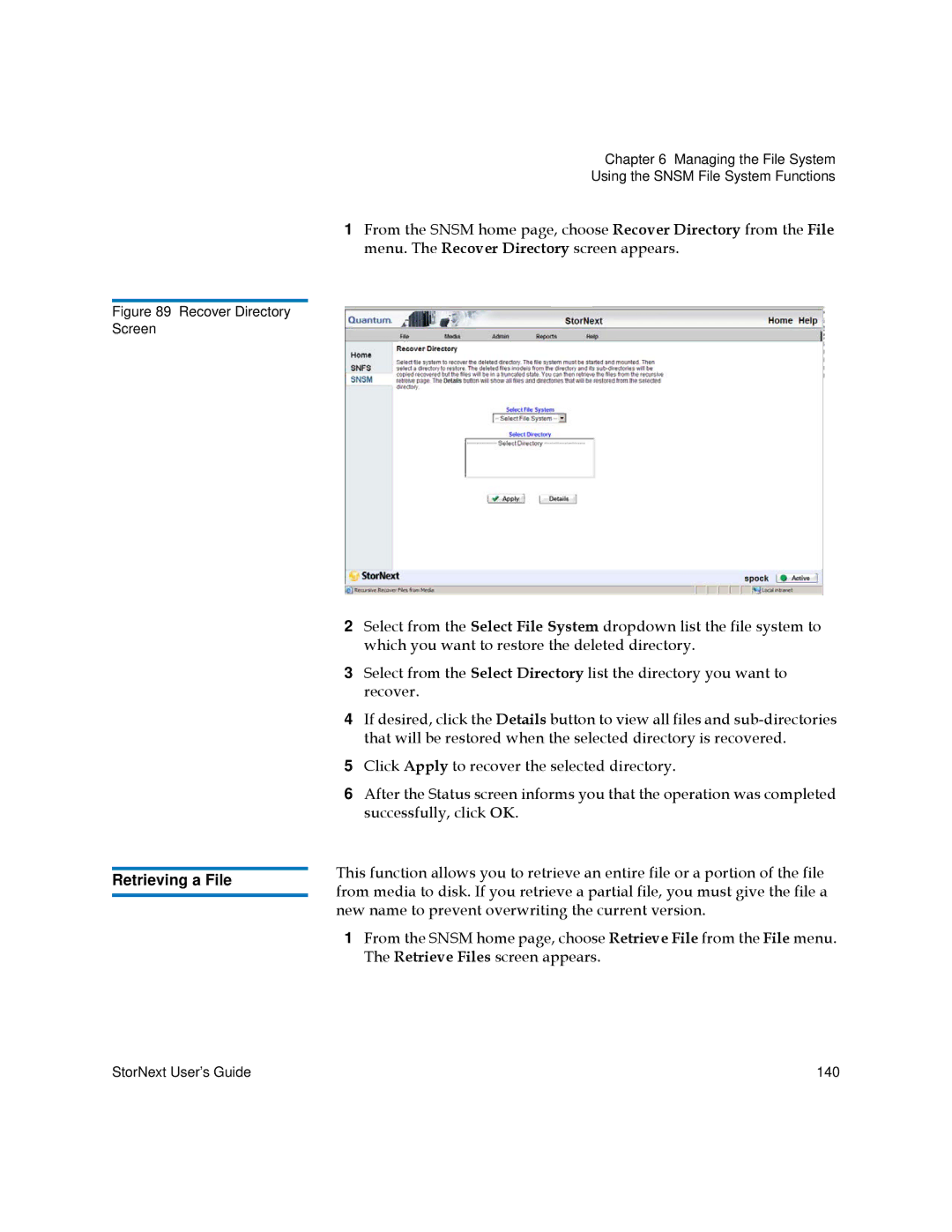 Quantum 6-01658-05 manual Retrieving a File, Recover Directory Screen 