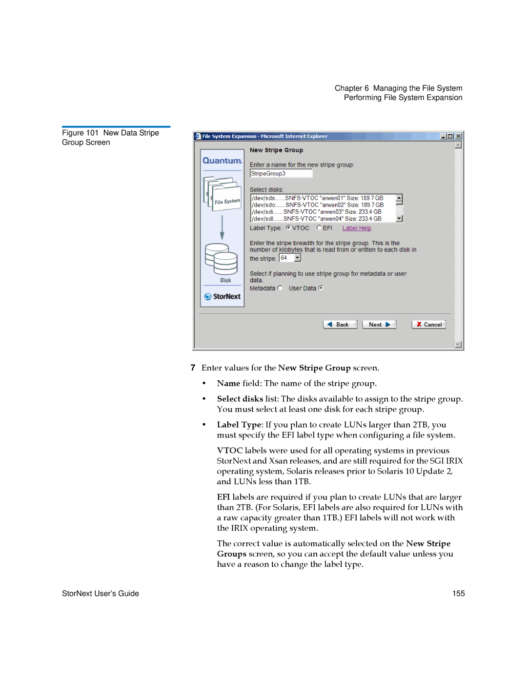 Quantum 6-01658-05 manual New Data Stripe Group Screen 