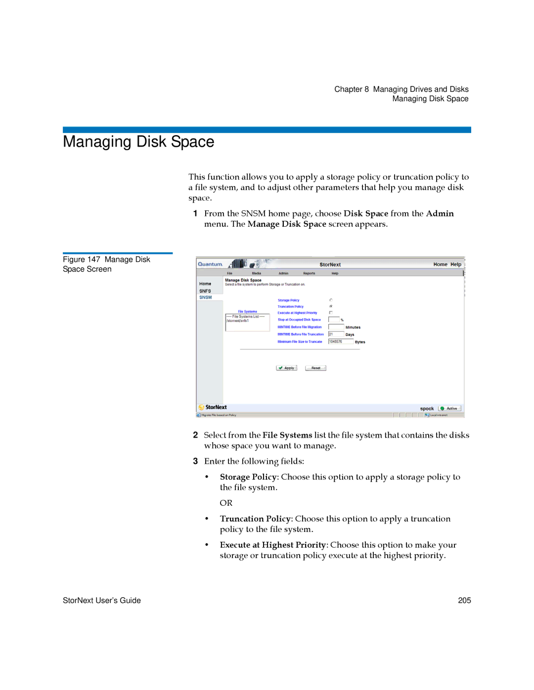 Quantum 6-01658-05 manual Managing Disk Space, Manage Disk Space Screen 