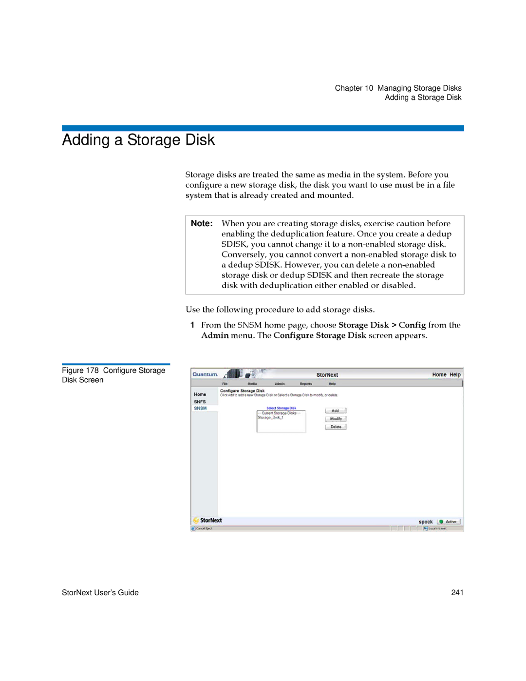 Quantum 6-01658-05 manual Adding a Storage Disk, Configure Storage Disk Screen StorNext User’s Guide 241 