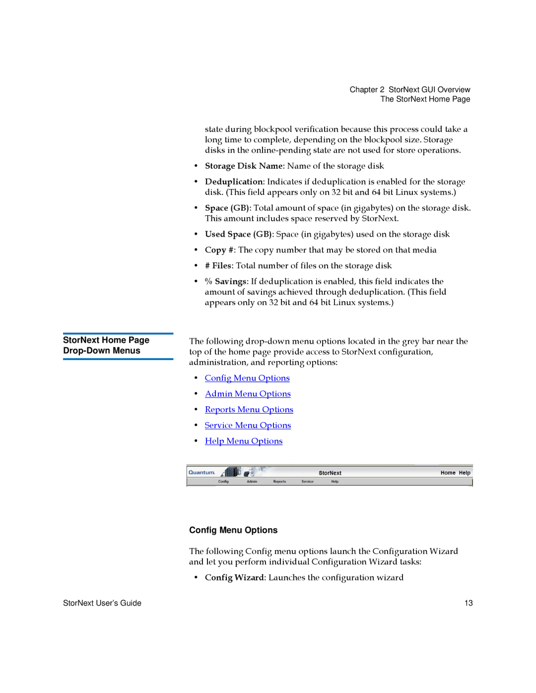 Quantum 6-01658-05 manual StorNext Home Page Drop-Down Menus, Config Menu Options 