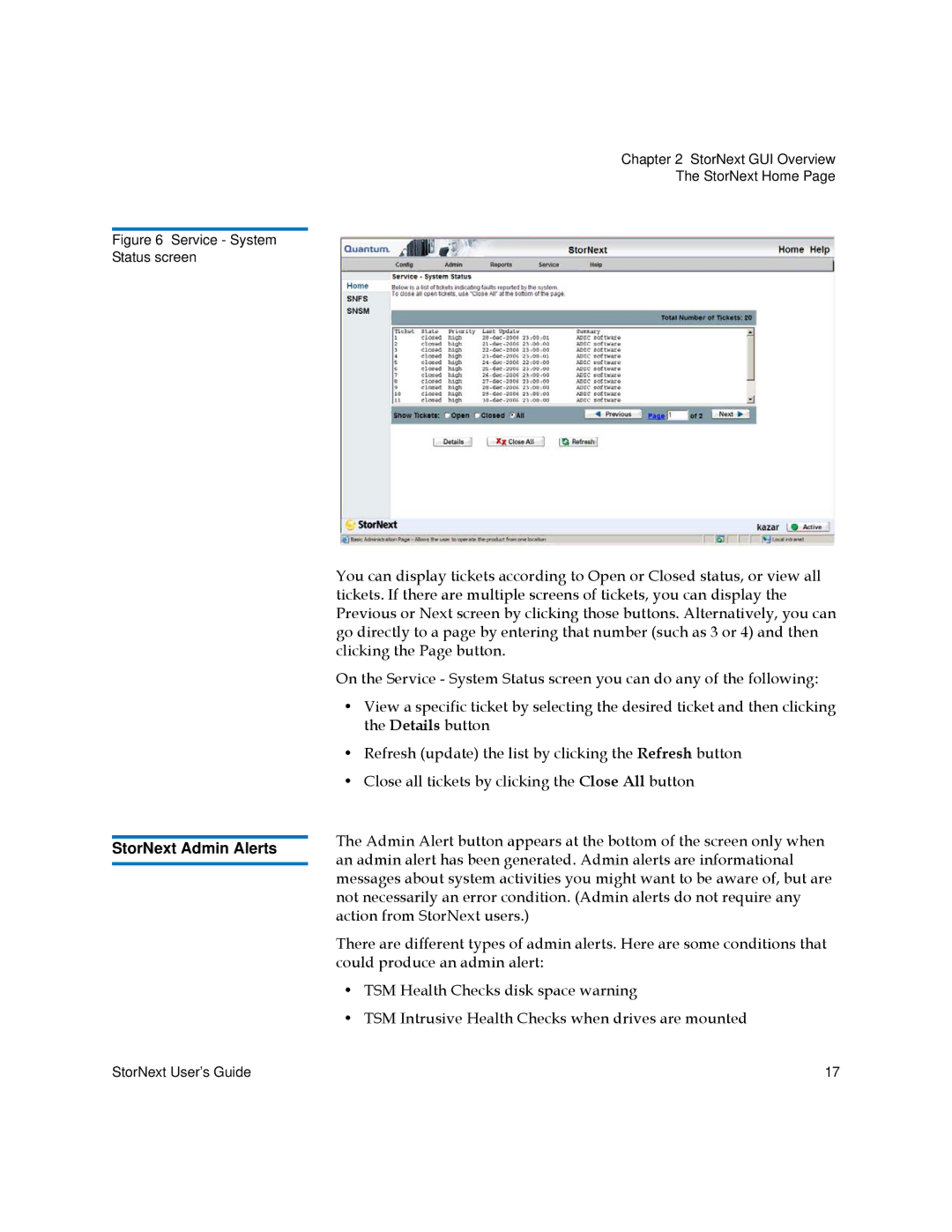 Quantum 6-01658-05 manual StorNext Admin Alerts, Service System Status screen 