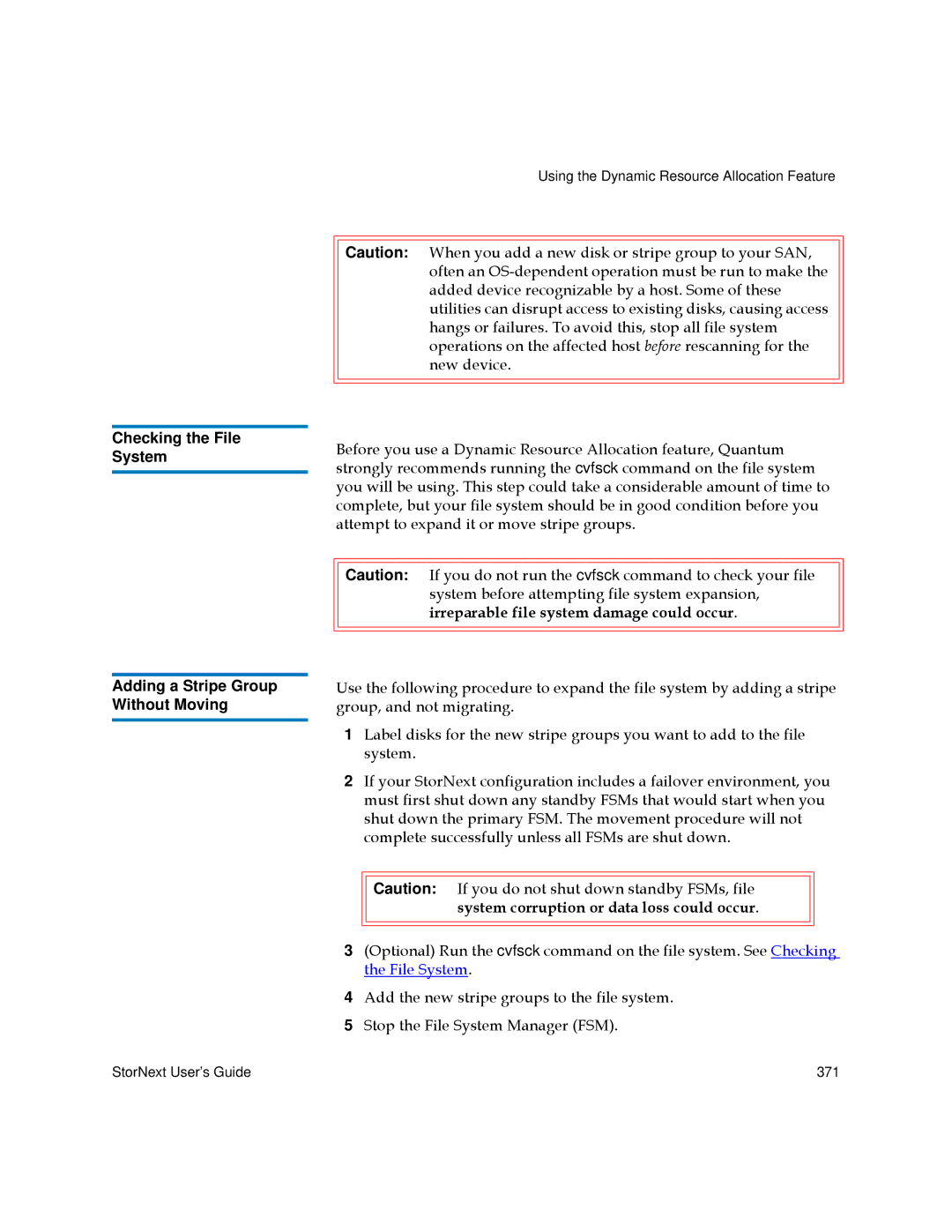 Quantum 6-01658-05 manual Checking the File System, Adding a Stripe Group Without Moving 