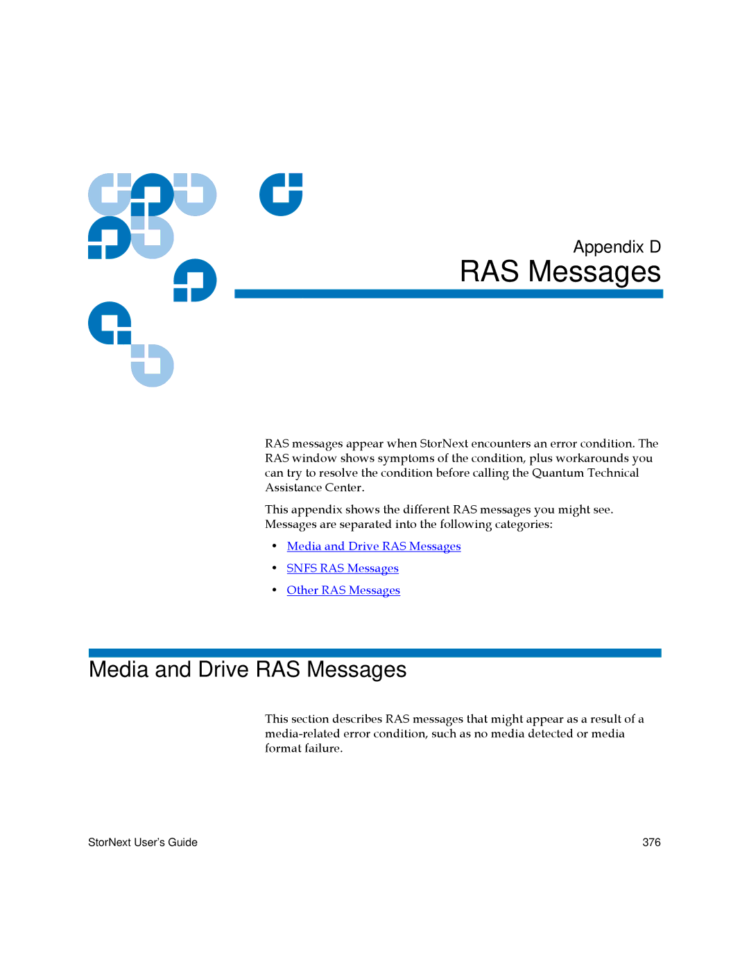 Quantum 6-01658-05 manual Media and Drive RAS Messages 