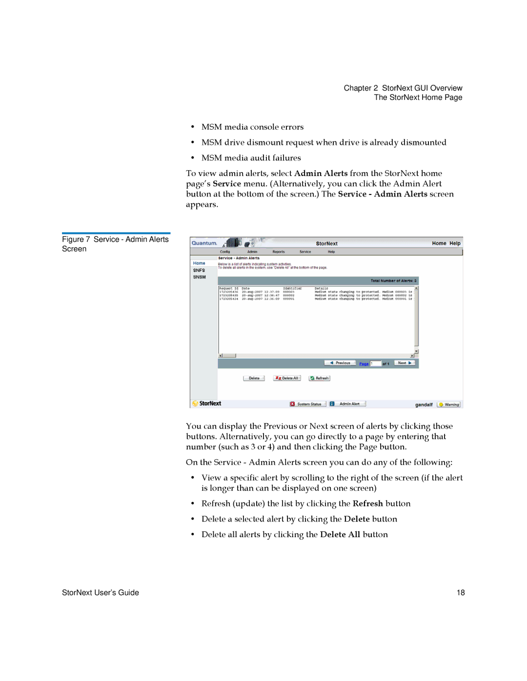 Quantum 6-01658-05 manual Service Admin Alerts Screen 