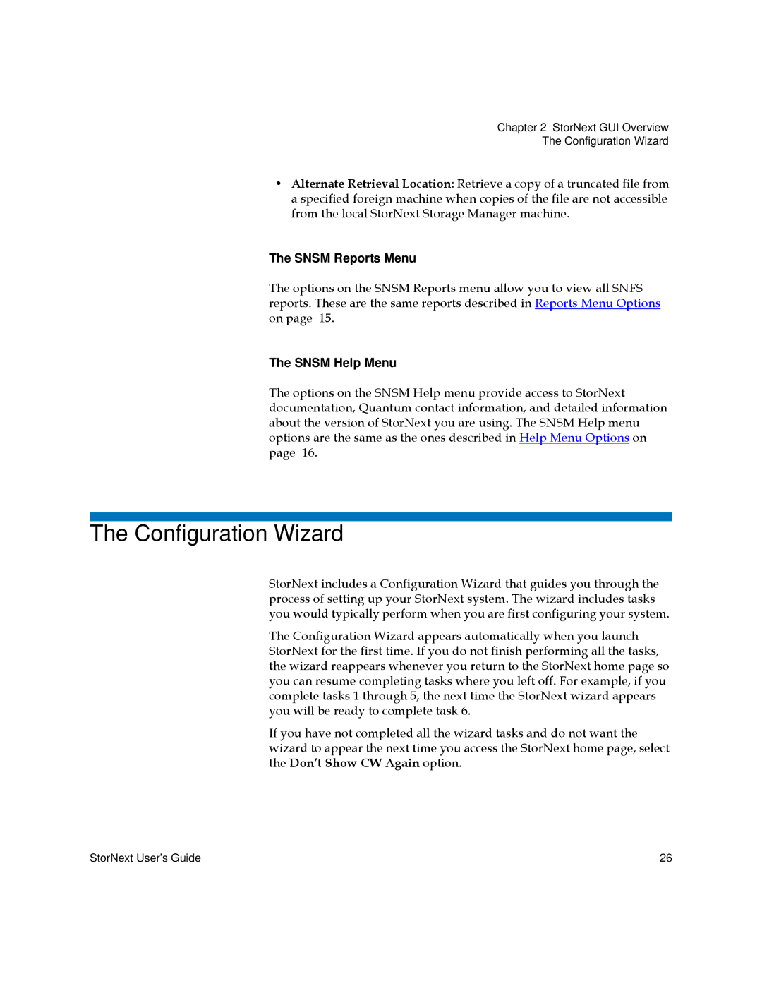 Quantum 6-01658-05 manual Configuration Wizard, Snsm Reports Menu, Snsm Help Menu 