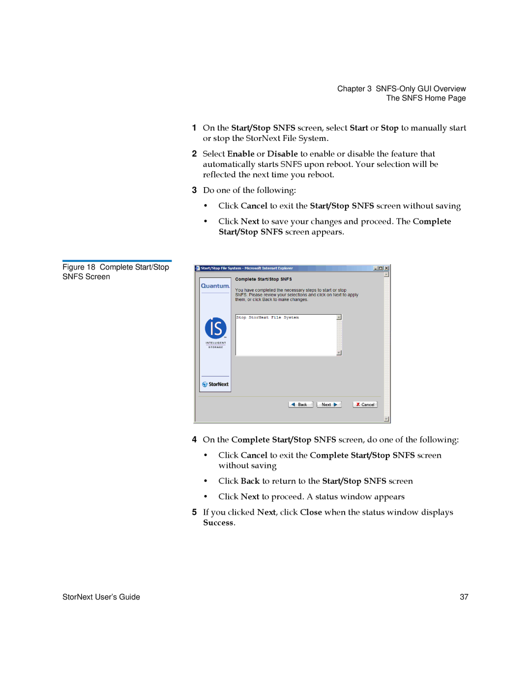 Quantum 6-01658-05 manual Complete Start/Stop Snfs Screen 