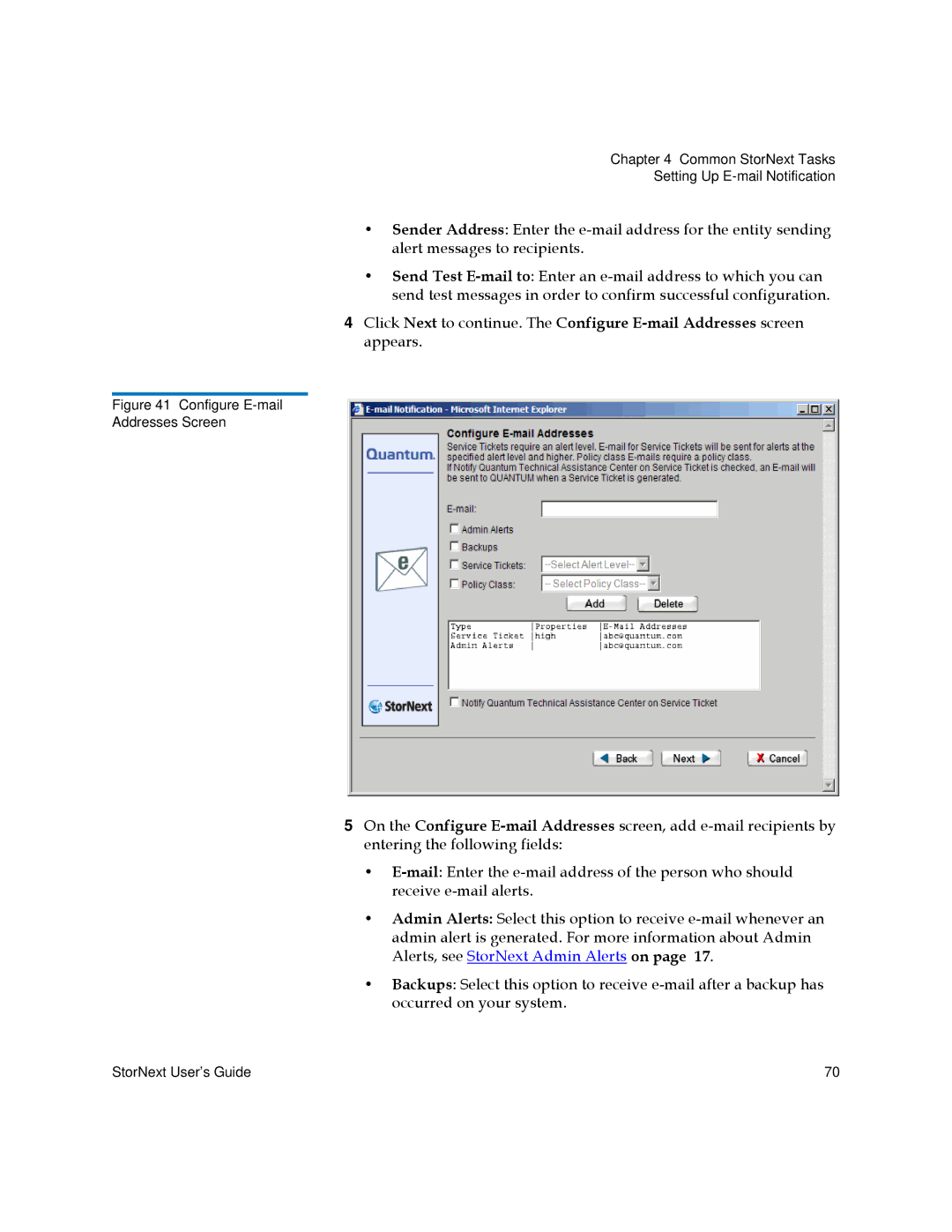 Quantum 6-01658-05 manual Configure E-mail Addresses Screen 