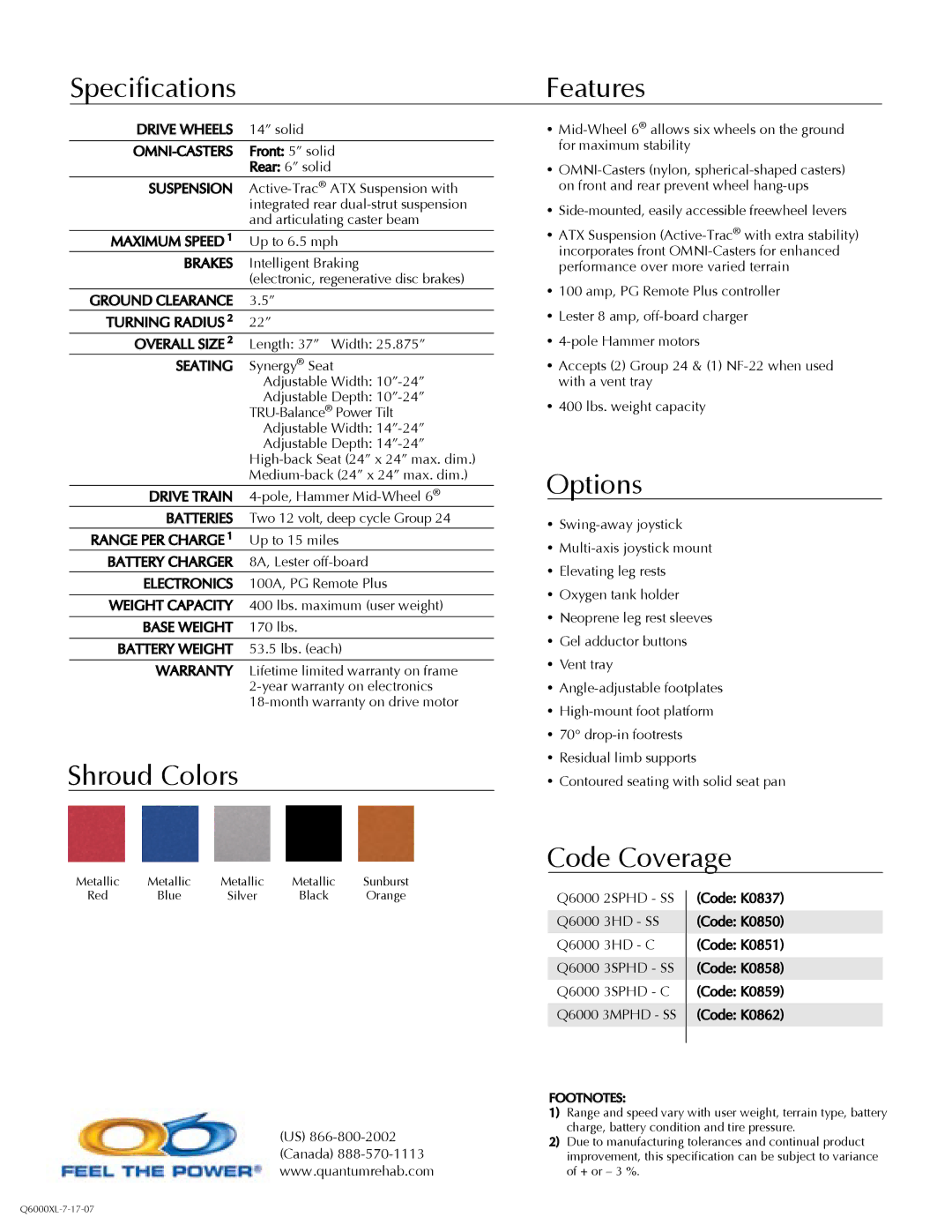 Quantum 6000 XL manual Features, Options, Code Coverage, Seating, 3SPHD C 