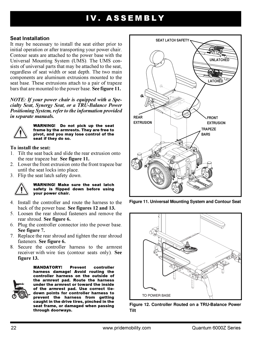 Quantum 6000Z manual Seat Installation, To install the seat 