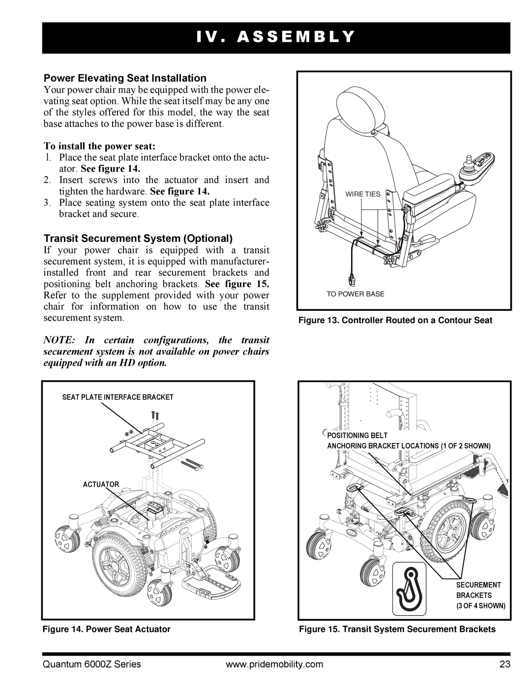 Quantum 6000Z manual Power Elevating Seat Installation, To install the power seat, Transit Securement System Optional 