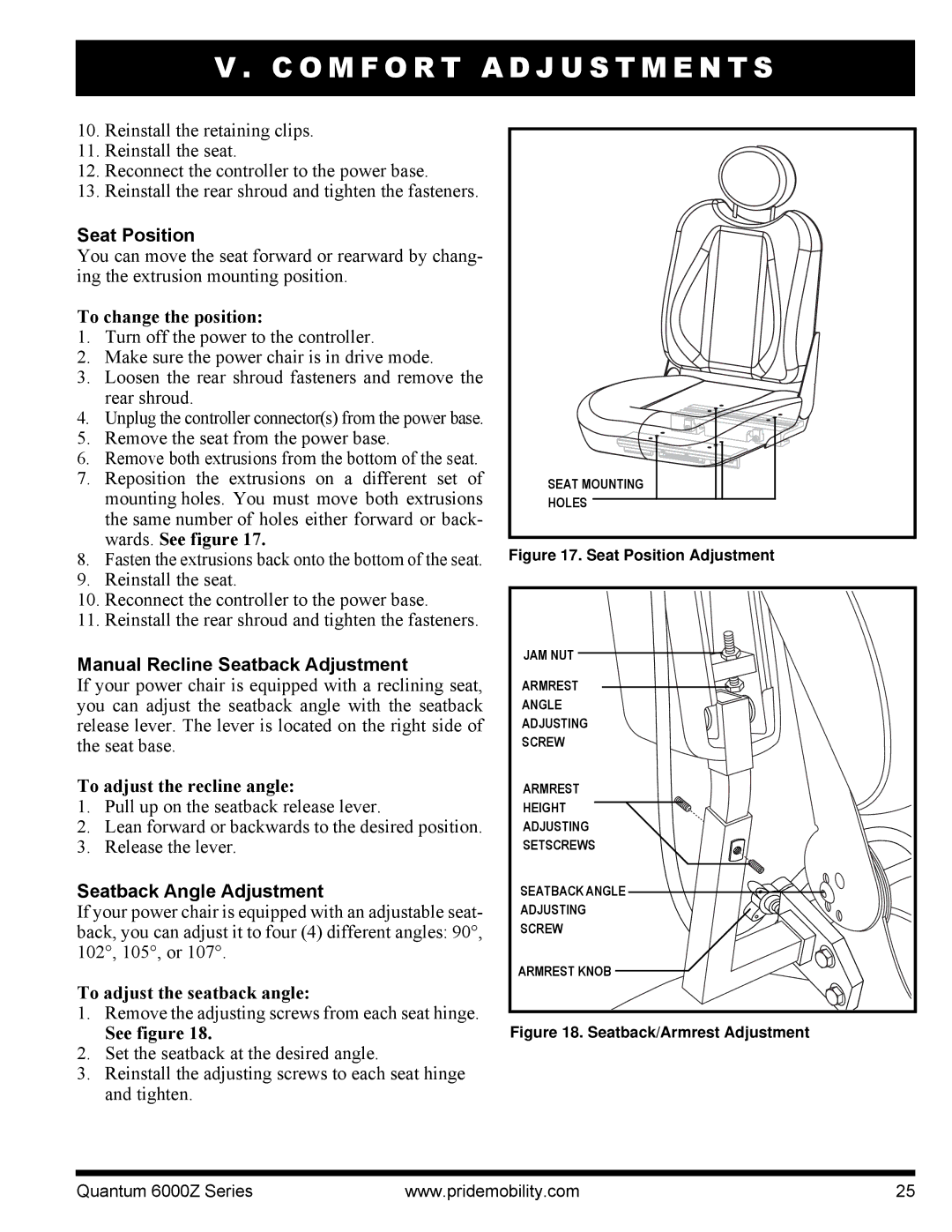 Quantum 6000Z manual Seat Position, Manual Recline Seatback Adjustment, Seatback Angle Adjustment 