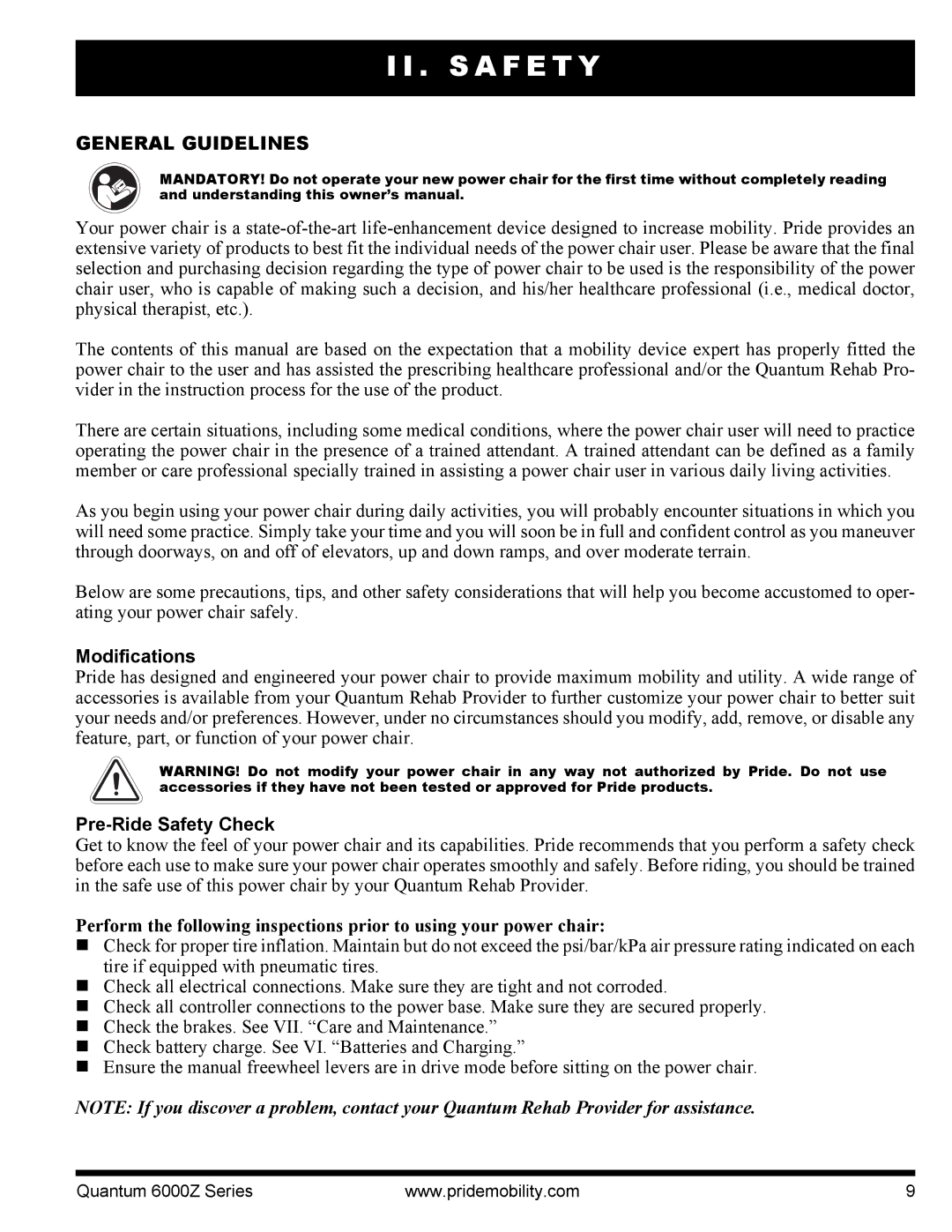 Quantum 6000Z manual General Guidelines, Modifications, Pre-Ride Safety Check 